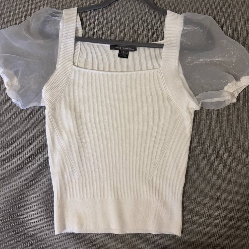 French Connection White Puff Sleeve Knit Top – Size S